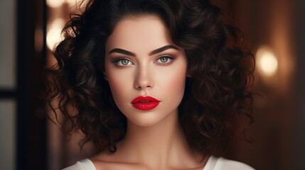 Wall Mural - captivating gaze: a portrait of a woman with mesmerizing green eyes and full, red lips, her dark cur