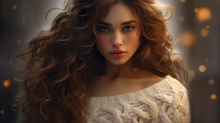 Wall Mural - intriguing gaze: a captivating portrait of a young woman with long, flowing brown hair. her mesmeriz