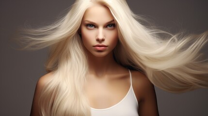 Wall Mural - blond beauty: a captivating portrait of a young woman with long, flowing platinum blonde hair, showc