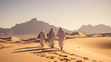 Fototapeta  - Individuals dressed in traditional Arabian attire set against the backdrop of the desert's scenic beauty