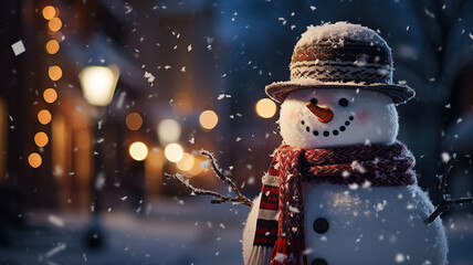 Wall Mural - A snowman adorned with a cheerful hat and scarf under the falling snow at night