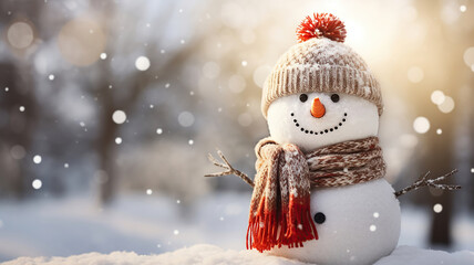 Wall Mural - A snowman adorned with a festive hat and scarf during the daytime snowfall, with a bokeh background