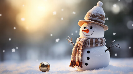 Wall Mural - A snowman adorned with a festive hat and scarf during daytime snowfall