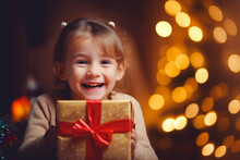 Happy Child Opening Christmas Presents, Christmas Tree As Bokeh, Xmas