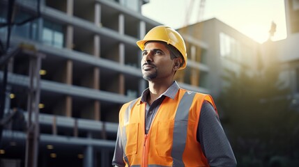 Poster - engineer standing with arms crossed and maintenance manager at a construction site