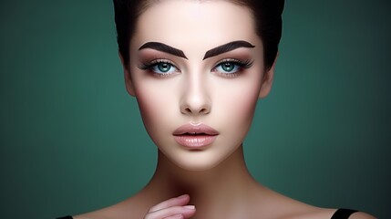 Wall Mural - captivating gaze: a close-up portrait of a stunning young woman with piercing blue eyes, flawless sk