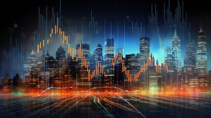 Poster - Market Dynamics: Financial data charts superimposed on a dynamic cityscape, portraying the ebb and flow of economic trends in an urban landscape. 