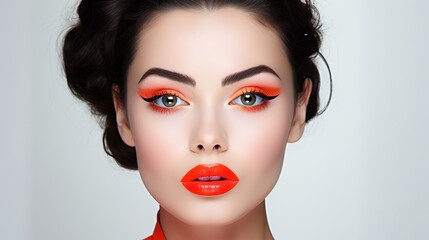 Wall Mural - fiery gaze: a captivating portrait of a woman with a striking orange makeup look. her dark hair is s