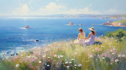 Wall Mural - romantic woman on wild beach ,sea water on horizon, wild flowers on field ,impressionist  style art paint