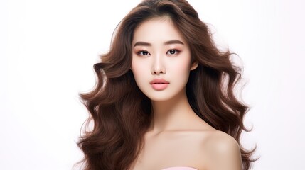 Wall Mural - radiant beauty: a young woman with long, flowing brown hair and flawless skin gazes directly at the 