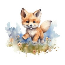 Cute Little Fox Cartoon In Watercolor Painting Style