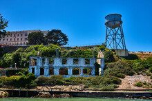 Close Up View Of Alcatraz Island With Abandoned Building And Water Tower