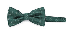 Stylish Green Bow Tie With Polka Dot Pattern On White Background, Top View