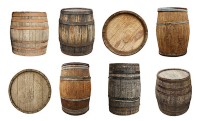 Wall Mural - Different wooden barrels isolated on white, top and side views. Collage design