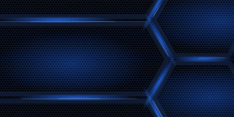 Dark blue 3D vector hexagonal technology abstract background. Abstract modern technology futuristic wide banner with black 3D honeycomb shapes. Vector illustration