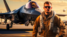 Attractive Man - Pilot In Front Of Stealth Fighter Plane