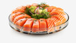 Salmon sashimi, Japanese food. Raw salmon fillet with wasabi in dish on white background.