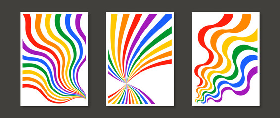 Wall Mural - Rainbow wave lines print set. Abstract colorful poster collection. Geometric wavy burst psychedelic wallpapers pack. Pride month and lgbt rights concept templates bundle. Vector illustration