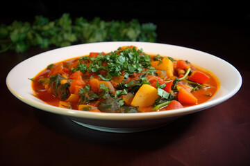 A vibrant vegetable curry featuring an array of fresh veggies in a luscious tomato sauce, beautifully adorned with cilantro leaves