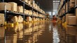  Flooded warehouse with cardboard boxes floating on water due to flooding. natural disaster insurance