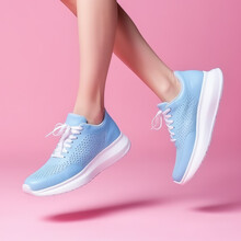 legs in blue pastel  shoes against pink wall