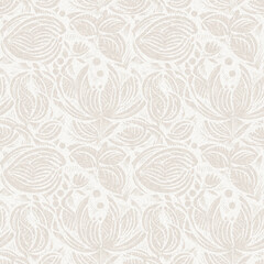 Wall Mural - Subtle rustic elegance wedding floral block print linen seamless pattern. All over print of white on white tonal cotton effect flower background.