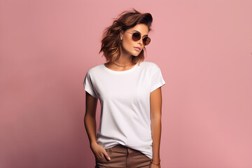 Wall Mural - A woman wearing white tshirt mockup, at pink background. Design tshirt mock-up, print presentation mock-up. AI generated.