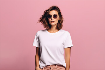 Wall Mural - A woman wearing white tshirt mockup, at pink background. Design tshirt mock-up, print presentation mock-up. AI generated.