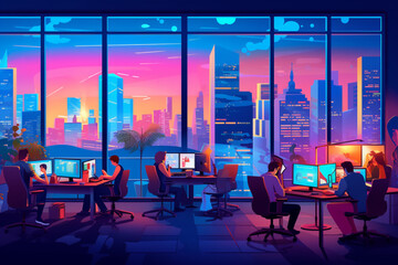 Illustration of businessman and software developer working as team in office.
