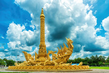 Golden Giant Buddhist Lent Candle Monument With Garuda Figure At Thung Si Muang Public Park, Ubon Ratchathani, Thailand.