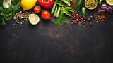 Fototapeta Nowy Jork - Various kitchen ingredients vegetables on dark stone plate background, health eating concept, food flat lay, for website, banners and marketing materials, print copy space for text
