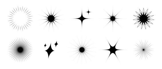 Poster - Various blinks and twinkles set. Retro stars collection. Abstract black starburst shine effect pack. Design bling element template for poster, banner, logo, card, icon, label, collage. Vector bundle