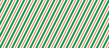 Candy Cane Seamless Pattern. Green And Red Diagonal Stripes Background. Christmas Repeating Decoration Texture. Winter Holiday Line Backdrop. Xmas Peppermint Package Wrapping Print. Vector Wallpaper