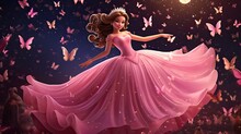 Cute Cartoon Princess In Pink Dress, Surrounded By Sparkles. A Fairytale Dream Come True.