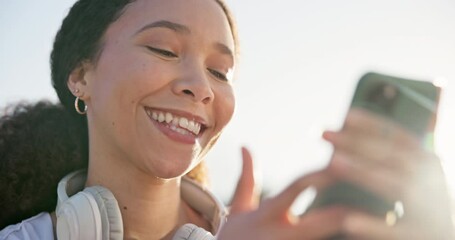 Poster - Outdoor, exercise and woman with cellphone, smile and headphones with social media, health or network. Person, athlete or runner with headset, lens flare or smartphone with mobile app or notification