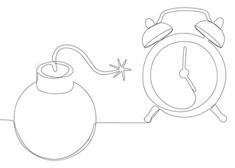 Poster - One continuous line of alarm clock with Bomb. Thin Line Illustration vector concept. Contour Drawing Creative ideas.