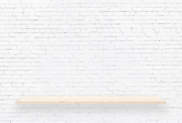 Wall Mural - Wood shelf over white brick wall background