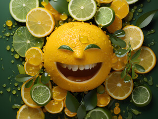 A smile made of vibrant citrus Slices of lemon and lime, playful freshness concept, smiley face