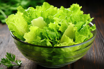 Wall Mural - A glass bowl of fresh green lettuce on a wooden table, freshly washed