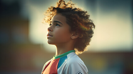 An african american boy footballer looking away.