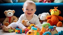 A Happy Baby Laughing While Playing With Colorful Toys