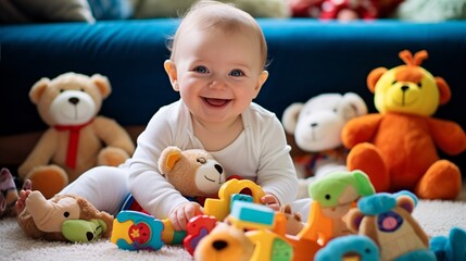 a happy baby laughing while playing with colorful toys