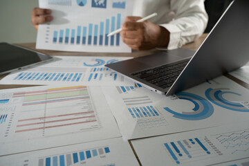 Poster - finances and calculate  businessman finance accountant use calculator and computer report investment economy datum analysis brainstorming new business project finance fund profit concept