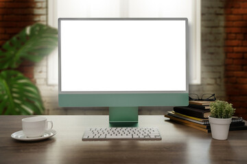 Poster - Businessman working using a desktop computer of the blank screen mockup image sitting at a comfortable workplace copyspace lifestyle portrait working technology