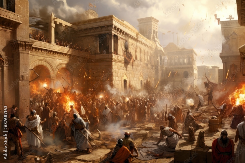 Ancient warrior in armor wields sword during reenactment. Crowd watches ...