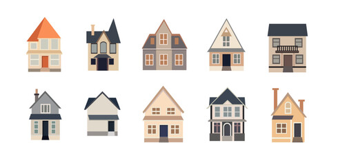 Wall Mural - Residential house icon set, cartoon private houses collection, flat illustration design