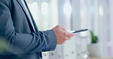 Aufkleber - Business person, hands and phone networking in a office with text reading for working. Company, professional and mobile contact with social media scroll and message on a website and app at workplace