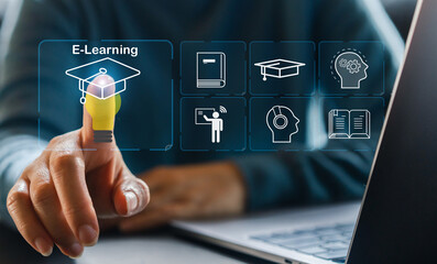 Wall Mural - human with laptop technology internet learning and study online class technology network, e-learning