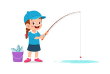 Little Kid Catch Fish With Fishing Rod And Feel Happy