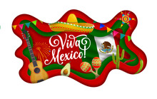 Viva Mexico Paper Cut Banner With National Mexican Flag, Sombrero And Musical Instruments. Vector Wavy 3d Layered Frame With Traditional Latin America Symbols, Avocado, Guitar, Maracas, Cactus, Pinata